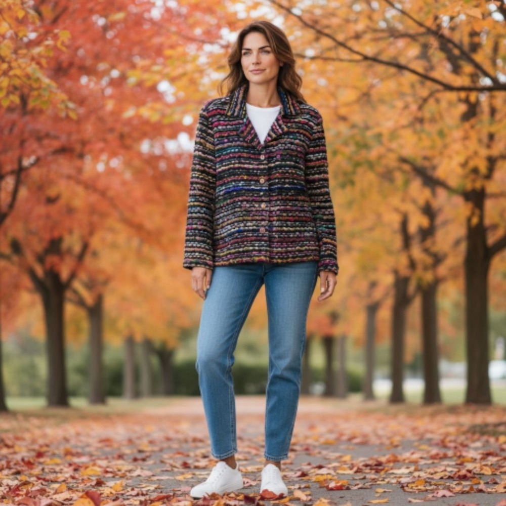 Vintage Coldwater Creek Boucle Yarn‎ Stripe Jacket Multicolor Textured Medium